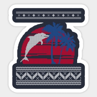 Blue and Red Palm Tree and Dolphin Ugly Christmas Sweater Design Sticker